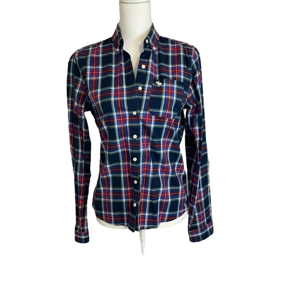 Abercrombie & Fitch Navy Blue Red Madris Cotton Long Sleeve Button-Up Shirt-Med. - Picture 1 of 12